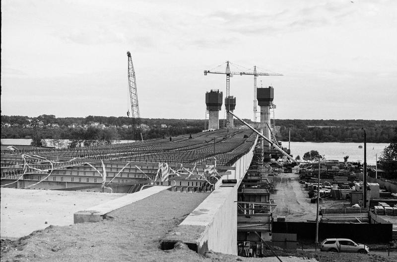 A bridge deck under construction across open water