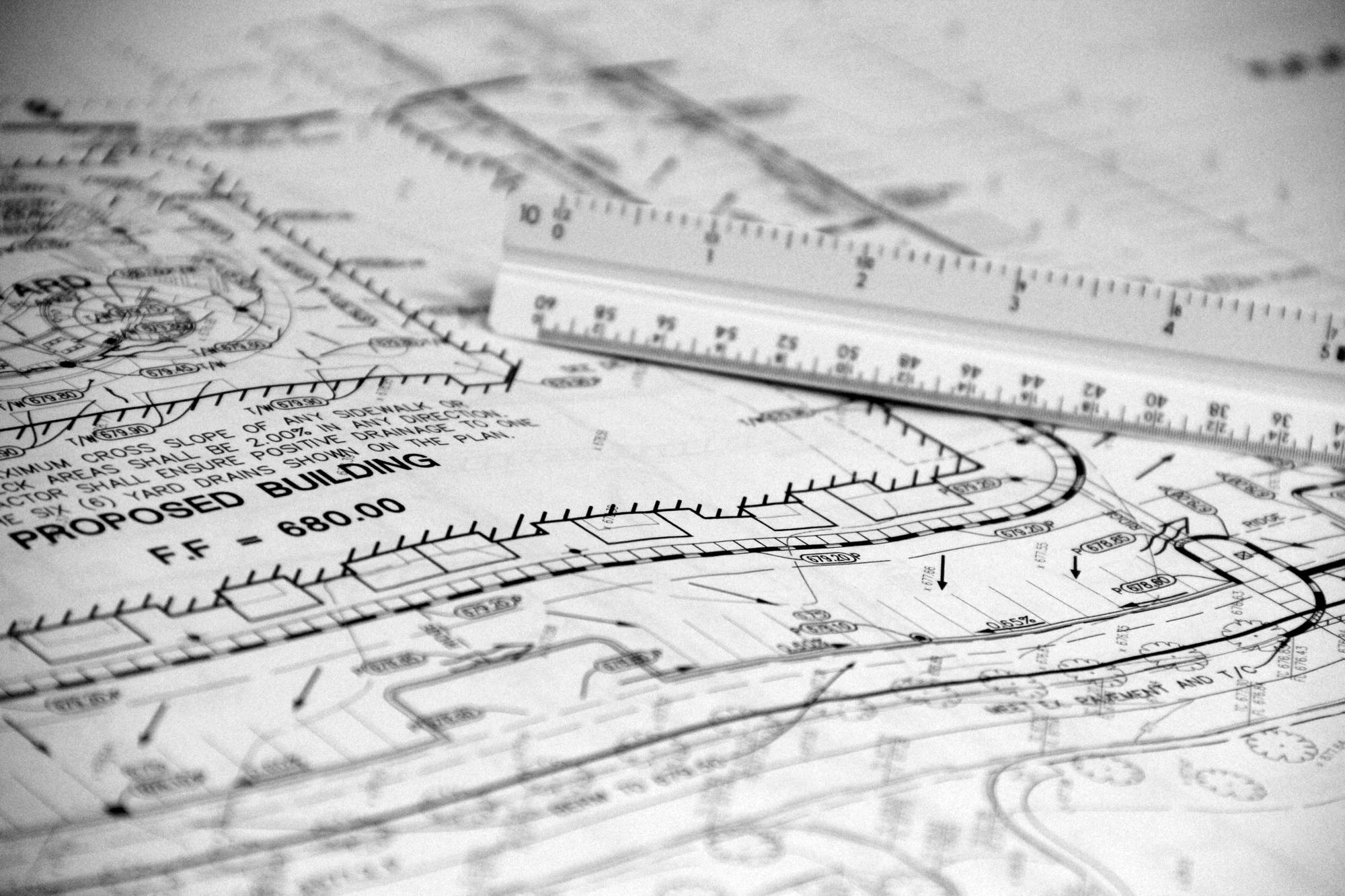 An architectural site plan with a scale ruler