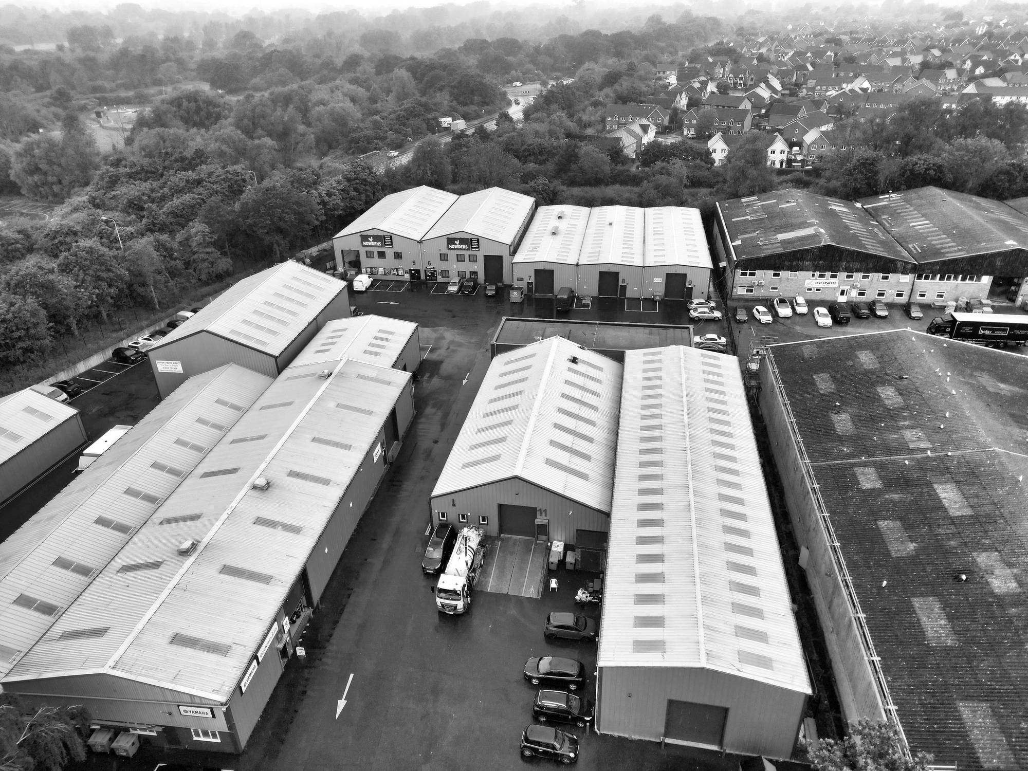 Aerial view of warehouses on an industrial estate