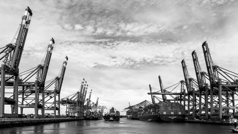 Container cranes along a harbour